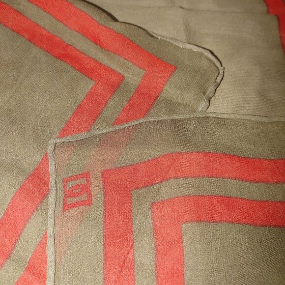 Daks London Sheer Square Scarf DD Olive Green Brown Geometric Vintage Rolled Hem - Picture 6 of 9